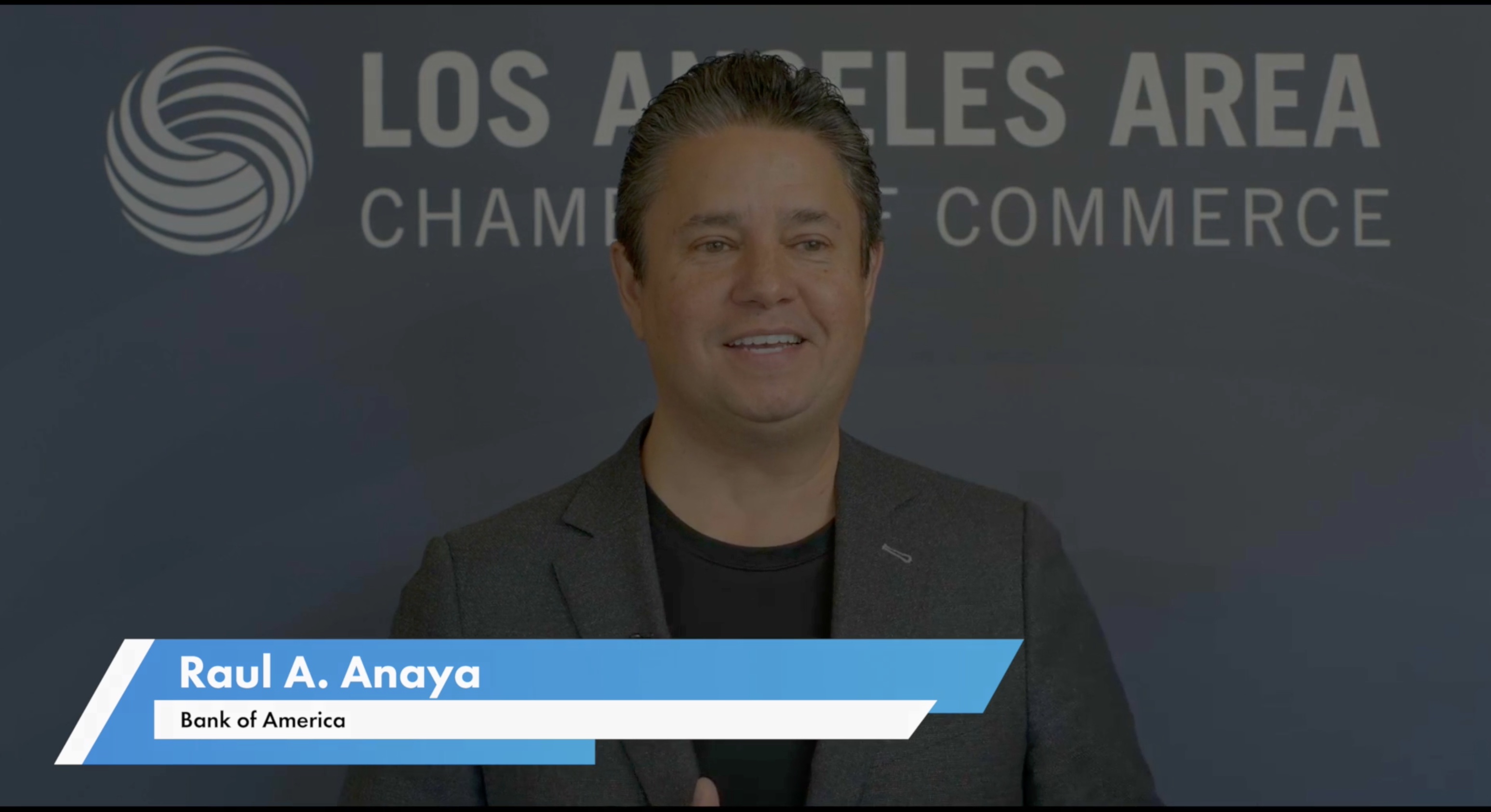 Raul A. Anaya speaking on camera in front of Los Angeles Area Chamber of Commerce branding