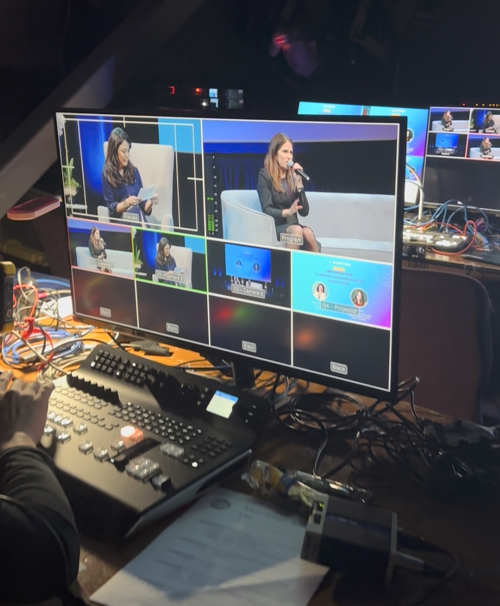Live production switcher and multiview monitor showing the Latinas in Tech stage feed